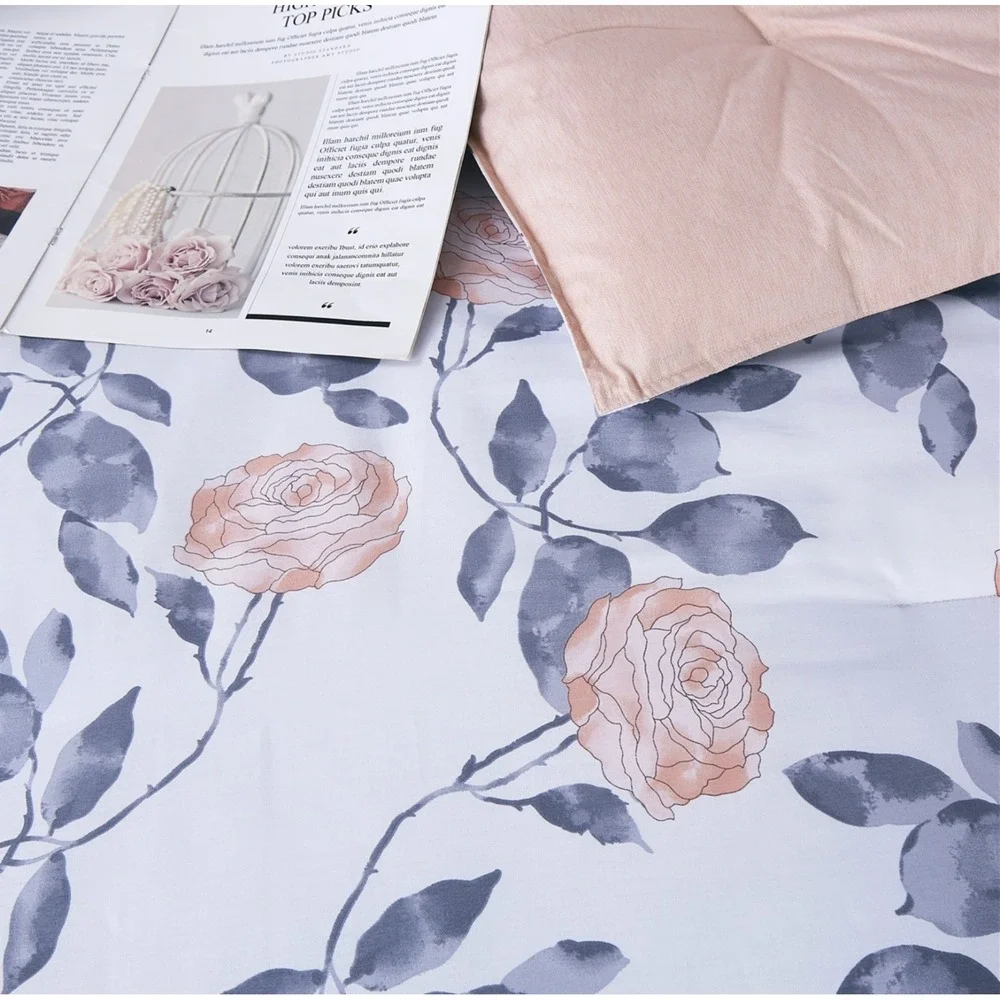 Muna Rose Pink/Gray 100% Cotton Reversible Comforter‎ Set King Cottage Cozy